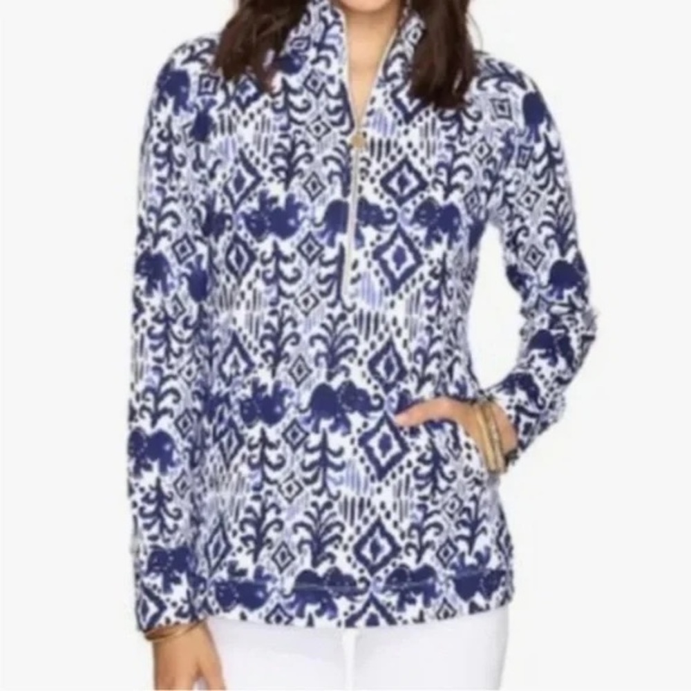Lilly Pulitzer Elephant Half Zip Top Popover Ikat Knit XL Small Long Sleeves